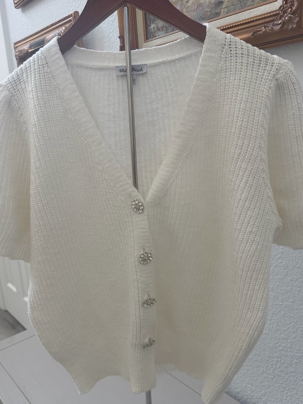 White Birch Womens Large Short Sleeve Cardigan Ribbed Knit Rhinestone Button EUC